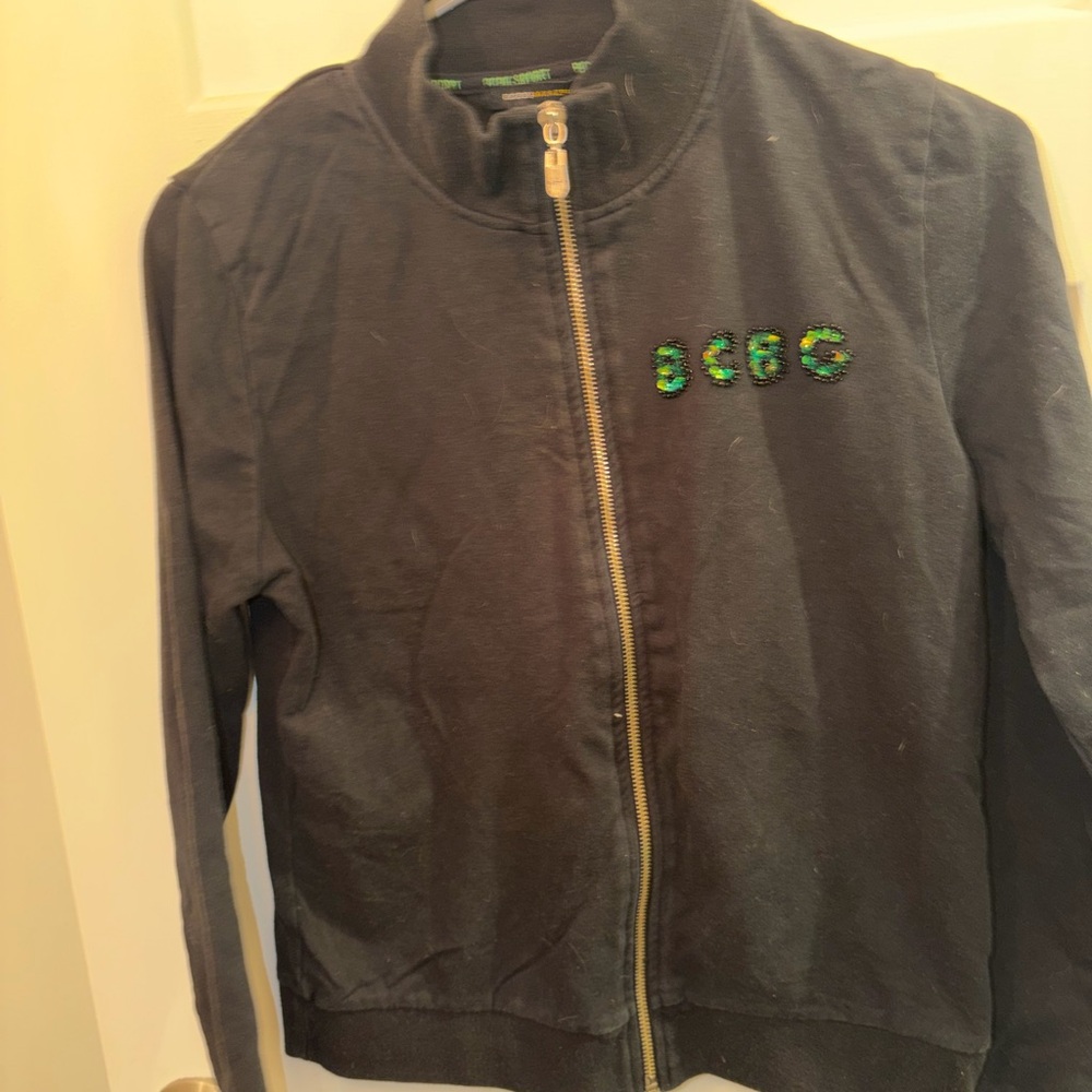 BCBGMaxAzria Black Zip-Up Sweatshirt with Sequin Logo